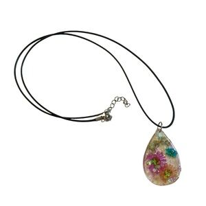 Handmade Floral Resin Pendant Teardrop Necklace with Black Cord